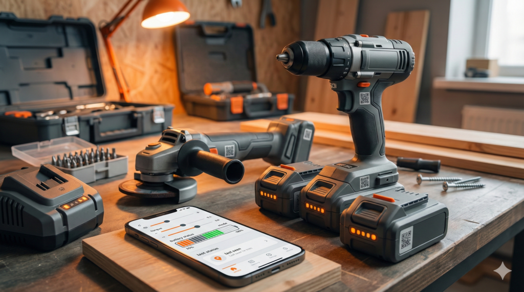 Akkuschrauber auf Werkbank mit Smartphone-App für Tool-Einstellungen und Akku-Status als vernetztes Werkzeug.