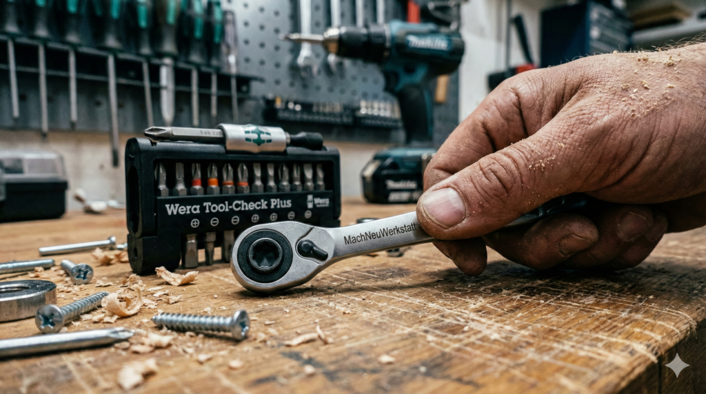 Kompaktes Bit- und Ratschen-Set wie Wera Tool-Check Plus auf einer Holzwerkbank, eine Hand greift zur Mini-Ratsche, daneben liegen Schrauben und Holzspäne.