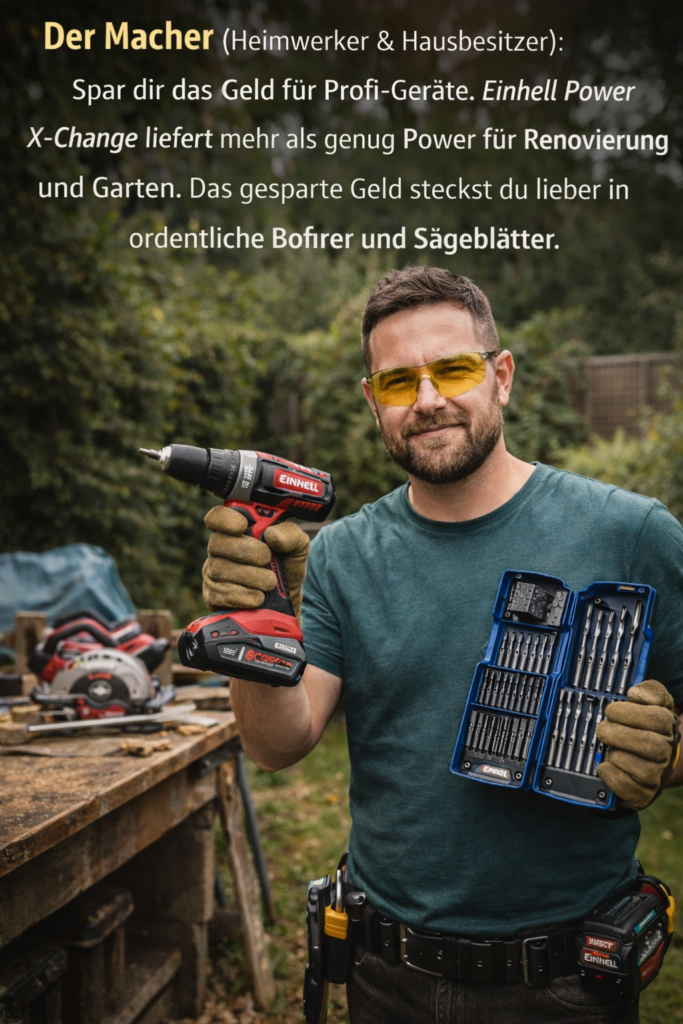 Heimwerker im Garten hält Einhell Akku-Bohrschrauber und Bit-Set – Empfehlung Power X-Change statt teurer Profi-Geräte
