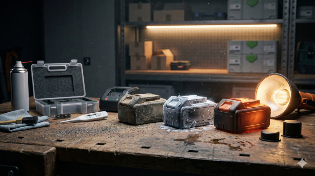 Drei Werkzeug-Akkus unter Extrembedingungen: Staub, Frost und Hitze auf einer rustikalen Holzwerkbank.