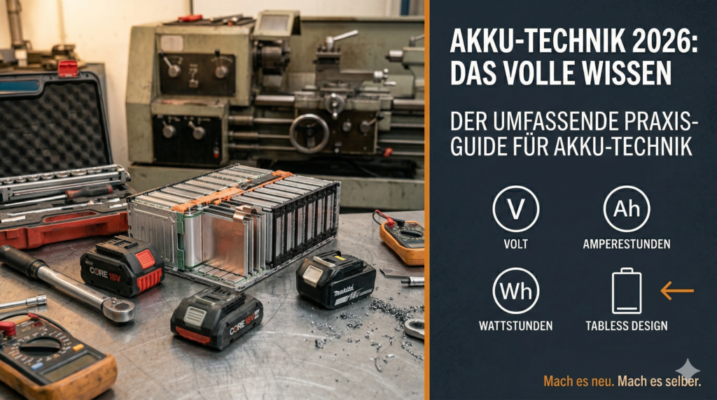 Moderne Akku-Zellen (Tabless 4680) auf einer Werkbank mit Erklärungen zu Volt, Ah und Wh für die Werkstattpraxis.