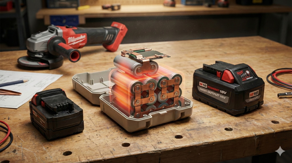 Nahaufnahme eines geöffneten Akku-Gehäuses mit sichtbaren Zellen und Kontakten; daneben liegen ein kompakter und ein High-Output-Akku auf einer Werkbank.