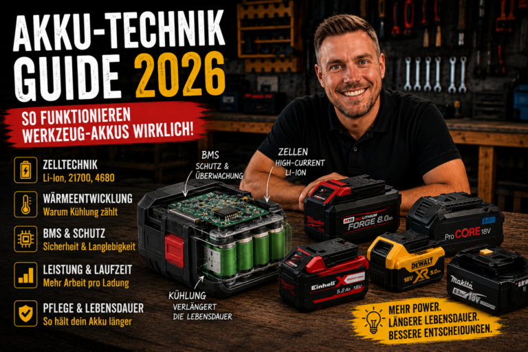 Akku-Technik Guide 2026 mit geöffnetem Werkzeug-Akku und Markus in der Werkstatt