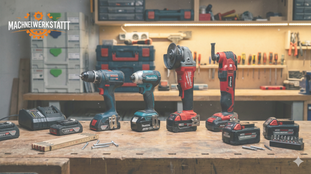 Akku-Trends 2026: Vier Akku-Werkzeuge in Blau, Türkis, Rot und Rot/Schwarz stehen auf einer Holzwerkbank, daneben Akkus, Ladegerät, Zollstock und Bits in einer Werkstatt.