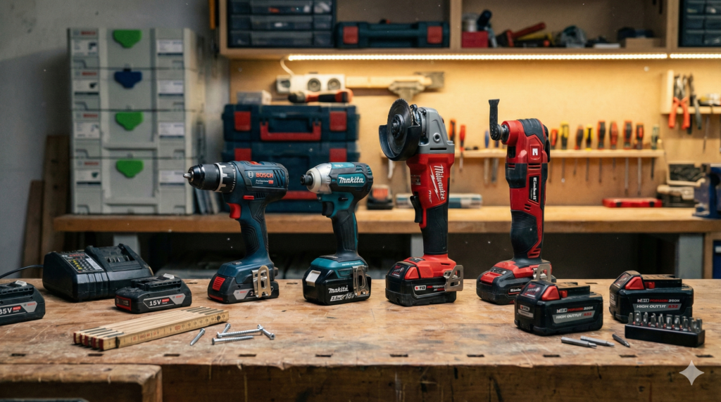 Akku-Trends 2026: Vier Akku-Werkzeuge in der Praxis: Bosch, Makita, Milwaukee und Einhell Akku-Werkzeuge nebeneinander auf der Werkbank im direkten Vergleich.