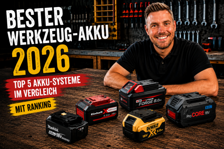 Akku-Trends 2026 mit Markus und fünf Werkzeug-Akkus auf der Werkbank