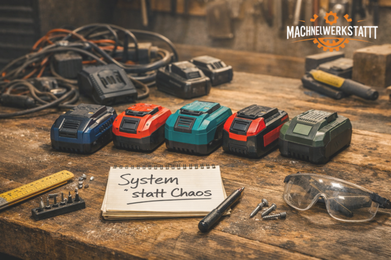 Fünf 18V-Werkzeug-Akkus 2026 auf einer staubigen Werkbank mit Ladegeräten und Notiz „System statt Chaos“ – Werkzeugakku Vergleich 2026