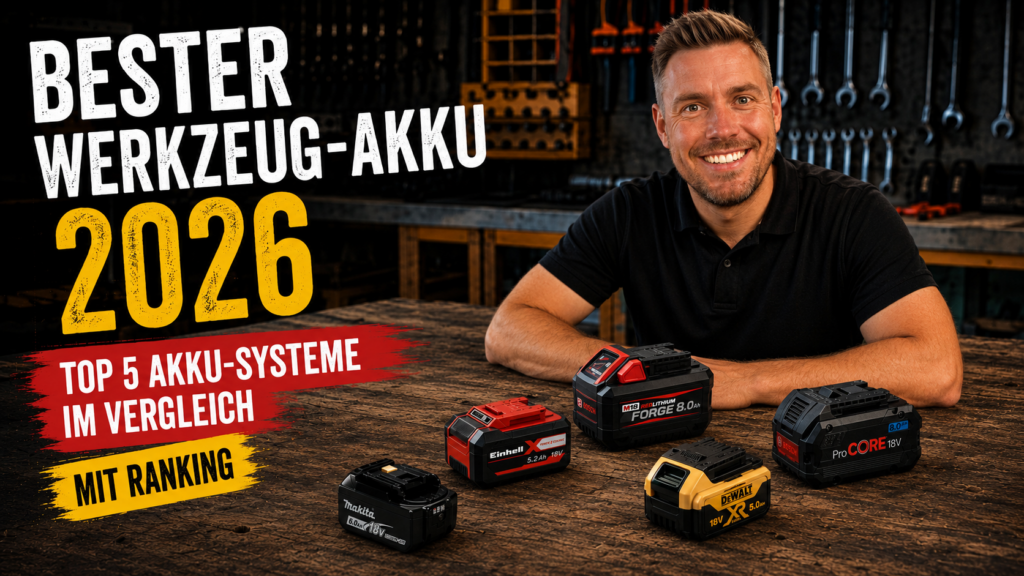 Bester Werkzeug-Akku 2026 mit Markus und fünf Akku-Systemen im Vergleich