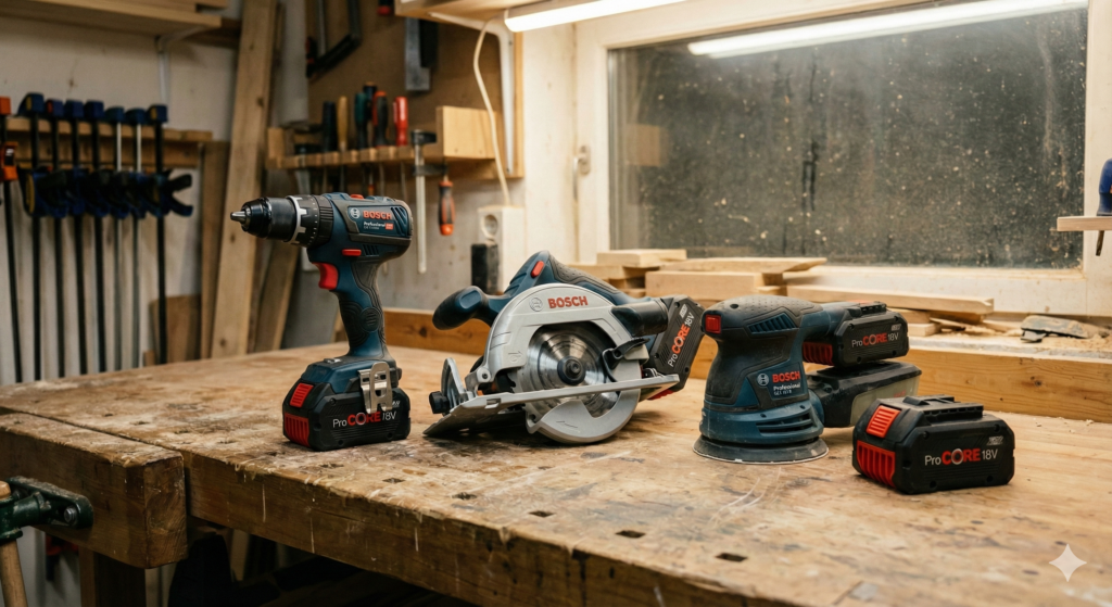 Bosch Professional 18V Akkusystem: Akkuschrauber, Handkreissäge und Exzenterschleifer mit gleichem Akku auf einer Werkbank