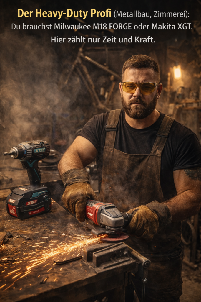 Heavy-Duty Profi in staubiger Werkstatt mit Funkenflug beim Schleifen, daneben starke Akku-Systeme für Metallbau und Zimmerei