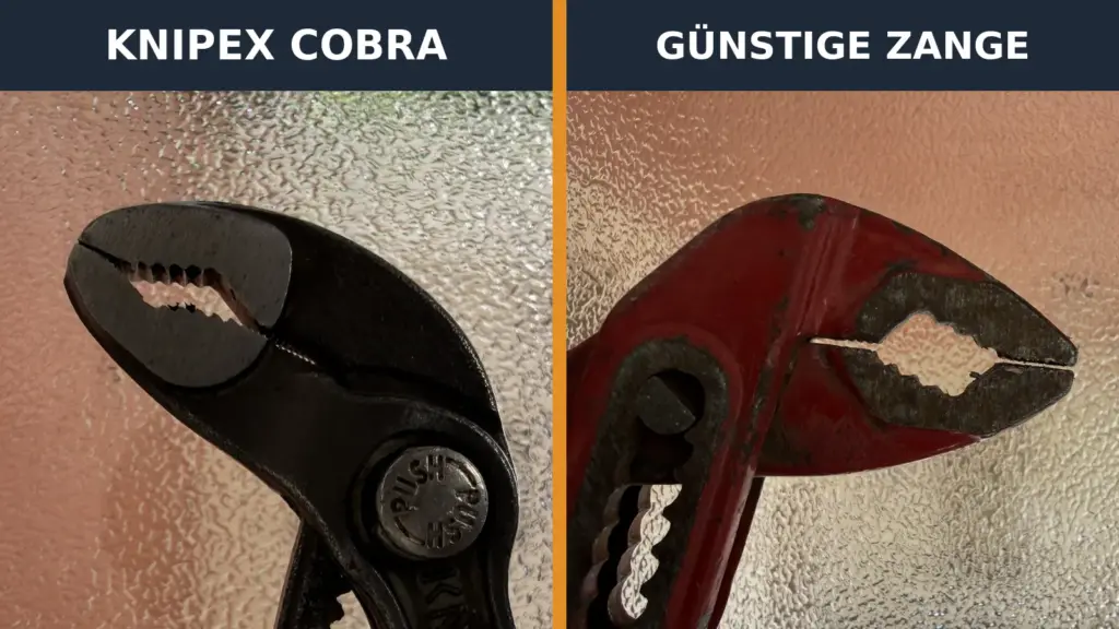 Nahaufnahme der Backen einer Knipex Cobra links und einer abgenutzten günstigen Wasserpumpenzange rechts im Vergleich
