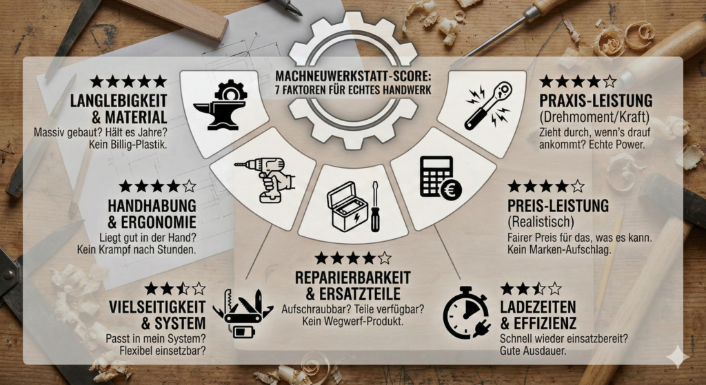 MachNeuWerkstatt-Score und 7 Bewertungsfaktoren als Übersicht– Scoring für Werkzeugakku Ranking 2026