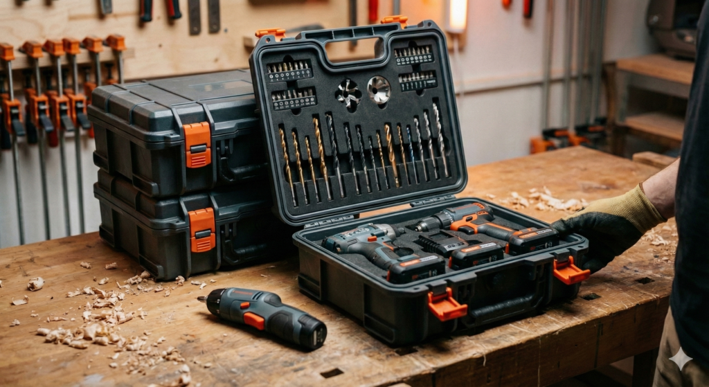 Stapelbare Werkzeugkoffer (Systainer/L-Boxx) mit geöffnetem Organizer für Bits, Bohrer und Schrauben auf einer Werkbank