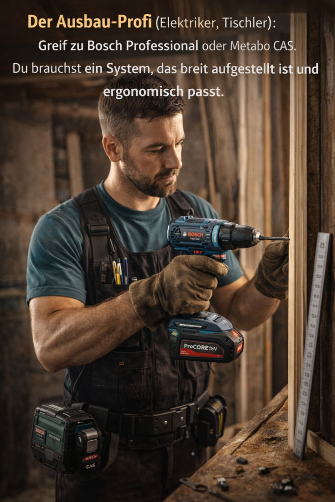 Ausbau-Profi in Werkstatt montiert Holz mit Akkuschrauber – Empfehlung Bosch Professional oder Metabo CAS für ergonomisches, breites System