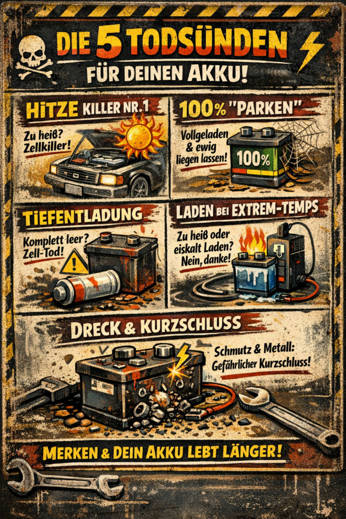 Infografik: Die 5 Todsünden für Werkzeug-Akkus – Hitze, Tiefentladung, falsches Laden, 100 % Lagerung und Dreck verursachen frühzeitigen Akkutod