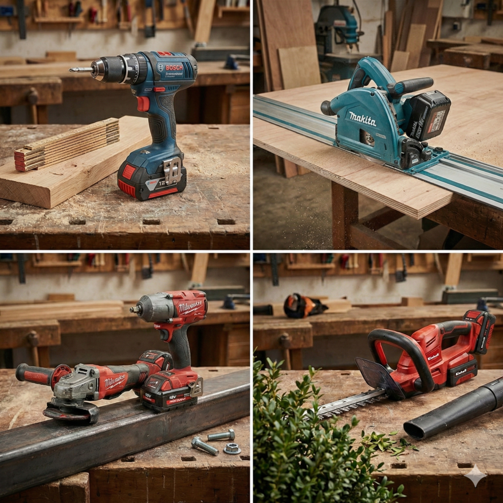 Vier Kacheln zeigen Akku-Tools in Blau, Türkis, Rot und Rot/Schwarz für typische Einsätze: präzise Werkstattarbeit, Holzsägen, harte Power-Arbeiten und Haus/Garten.