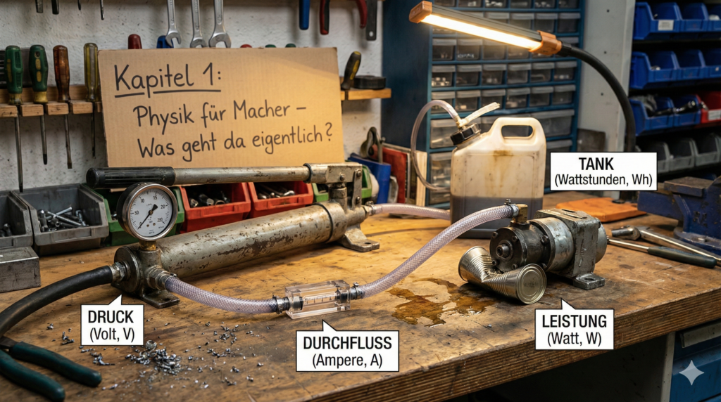 Hydraulisches Werkstatt-Modell erklärt Physik: Pumpe (Volt/Druck), Schlauch (Ampere/Durchfluss), Motor (Watt/Leistung) und Tank (Wh).