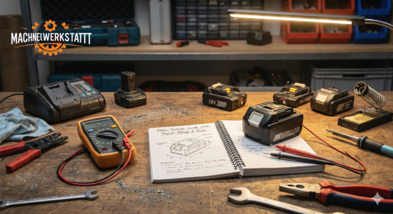 Beleuchtete Werkbank mit Multimeter, das einen Akku misst. Daneben ein offenes Notizbuch mit dem handschriftlichen Titel "Akku-Technik-Guide 2026: Physik, Pflege & Power", umgeben von Werkzeug und Spänen.