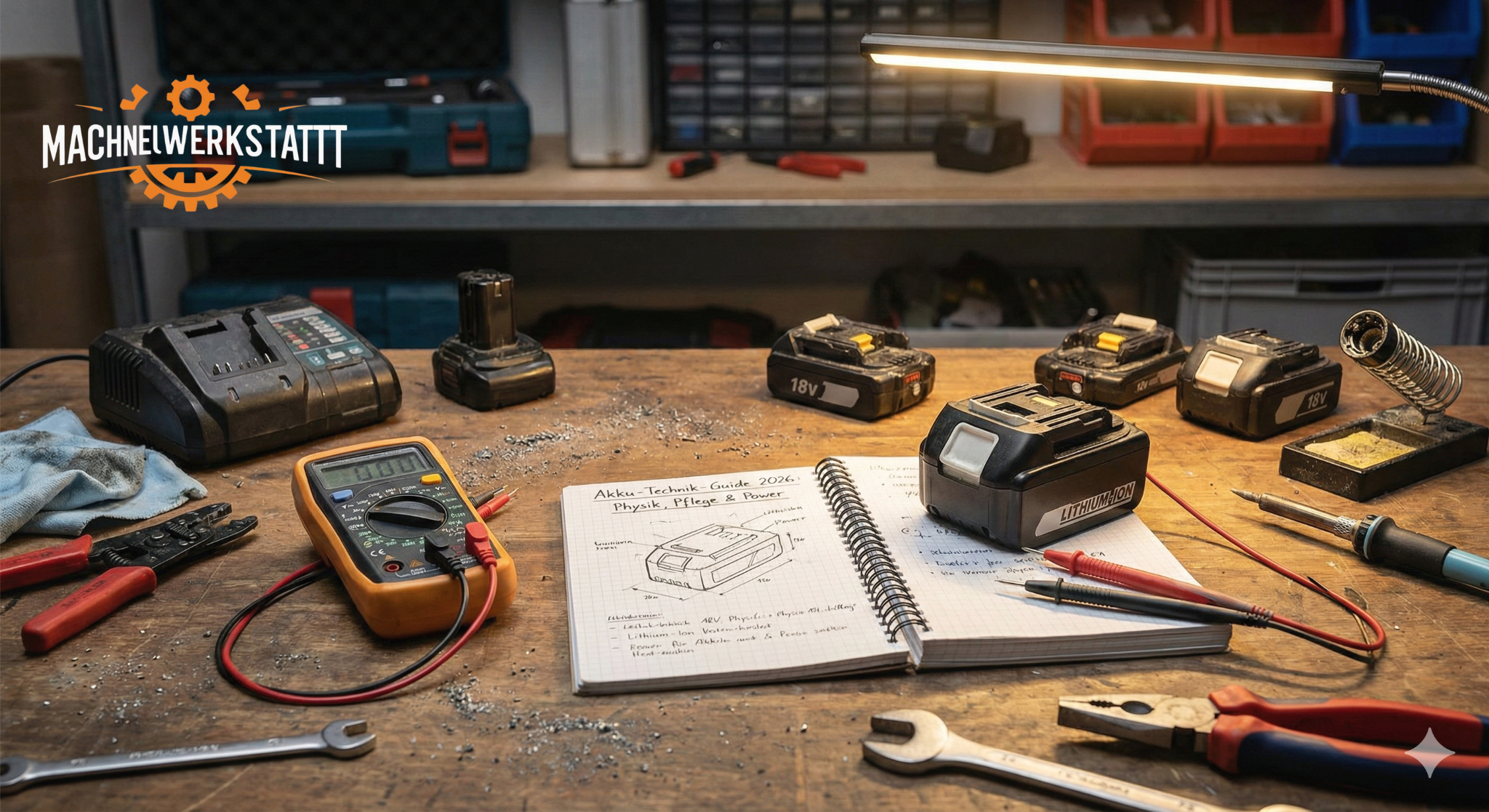 Beleuchtete Werkbank mit Multimeter, das einen Akku misst. Daneben ein offenes Notizbuch mit dem handschriftlichen Titel "Akku-Technik-Guide 2026: Physik, Pflege & Power", umgeben von Werkzeug und Spänen.
