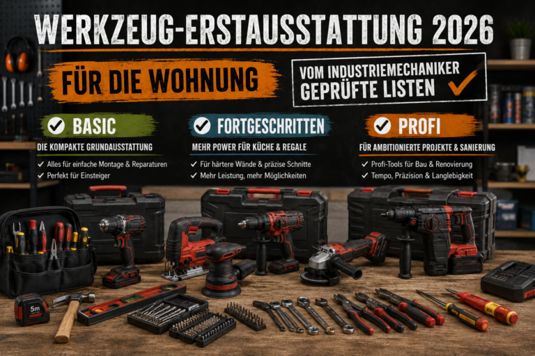 Werkzeug-Erstausstattung 2026 für die Wohnung mit Basic-, Fortgeschritten- und Profi-Werkzeugen auf Werkbank