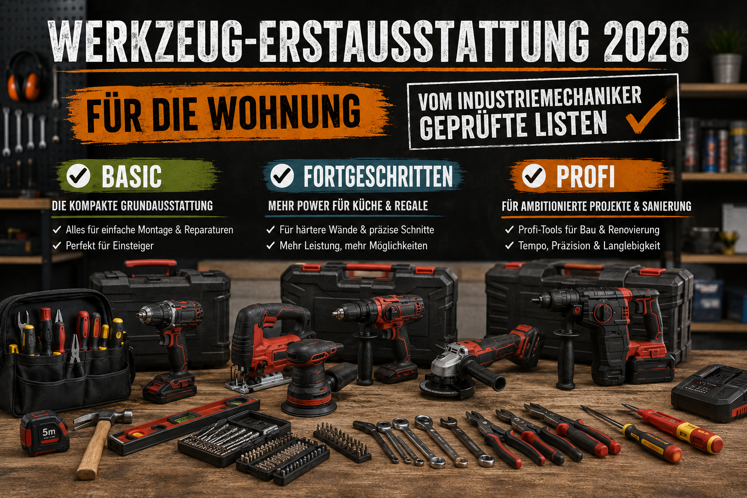 Werkzeug-Erstausstattung 2026 für die Wohnung mit Basic-, Fortgeschritten- und Profi-Werkzeugen auf Werkbank