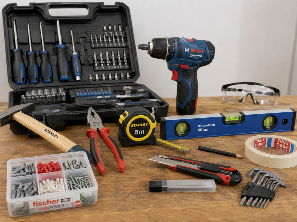 Werkzeug Grundausstattung Basic mit Akkuschrauber, Hammer, Zange, Maßband, Wasserwaage, Cuttermesser und Zubehör auf Werkbank