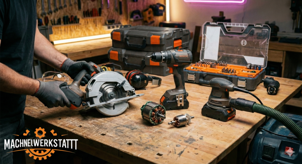 Werkbank mit Akku-Werkzeugen im gleichen 18V System, brushless Motor-Detail, Sauger mit Absaugschlauch und modulares Koffersystem als Werkzeug-Trends 2026