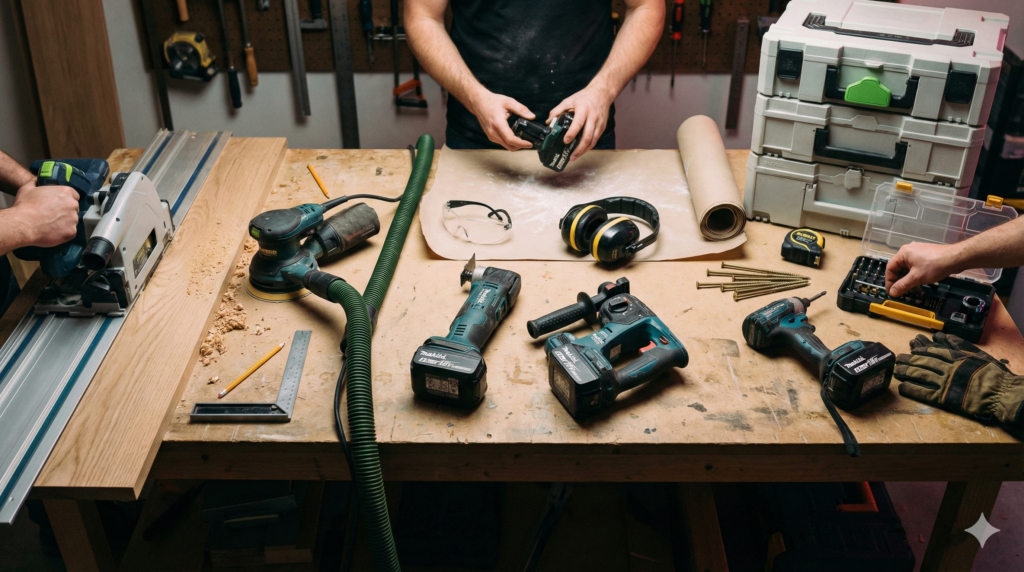 Werkbank mit drei Arbeitszonen für 2026: Möbelbau mit Tauchsäge und Schleifer, Renovierung mit Multitool und Bohrhammer, Holzbau mit Schlagschrauber und Koffersystem