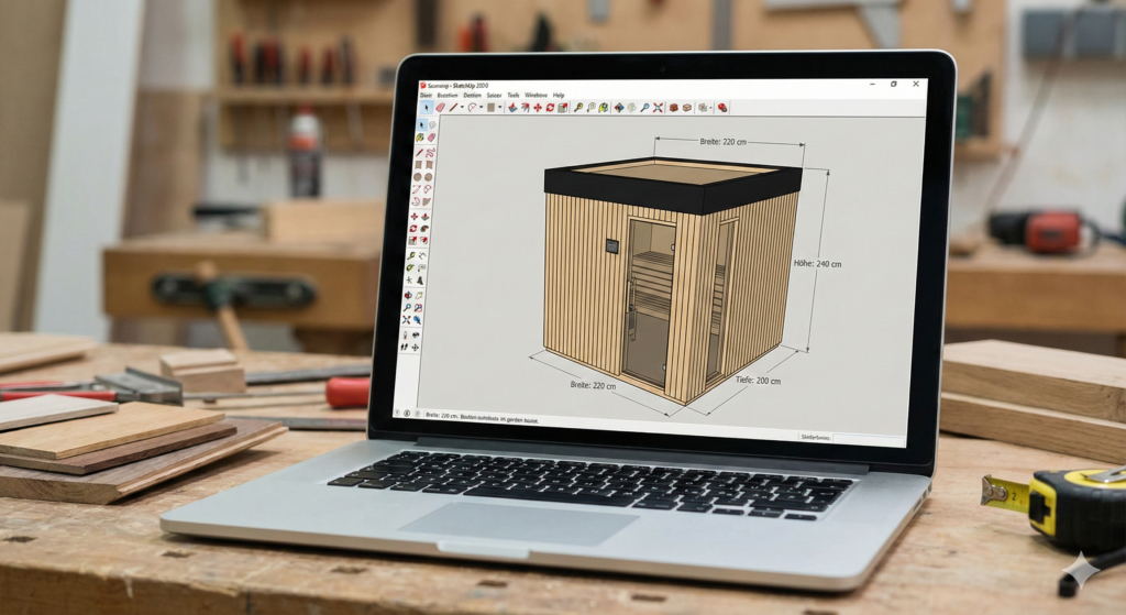 Laptop auf einer Werkbank zeigt ein 3D-SketchUp-Modell einer modernen, kubischen Gartensauna mit heller Holzfassade und schwarzer Dachkante. Die Außenmaße (Höhe, Breite, Tiefe) sind im Modell eingezeichnet.