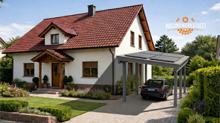Einfamilienhaus mit Einfahrt und selbst geplantem Holzcarport mit Pultdach – Carport selber bauen Solar: 4 Solarmodule auf dem Dach, Fokus auf den Carport.