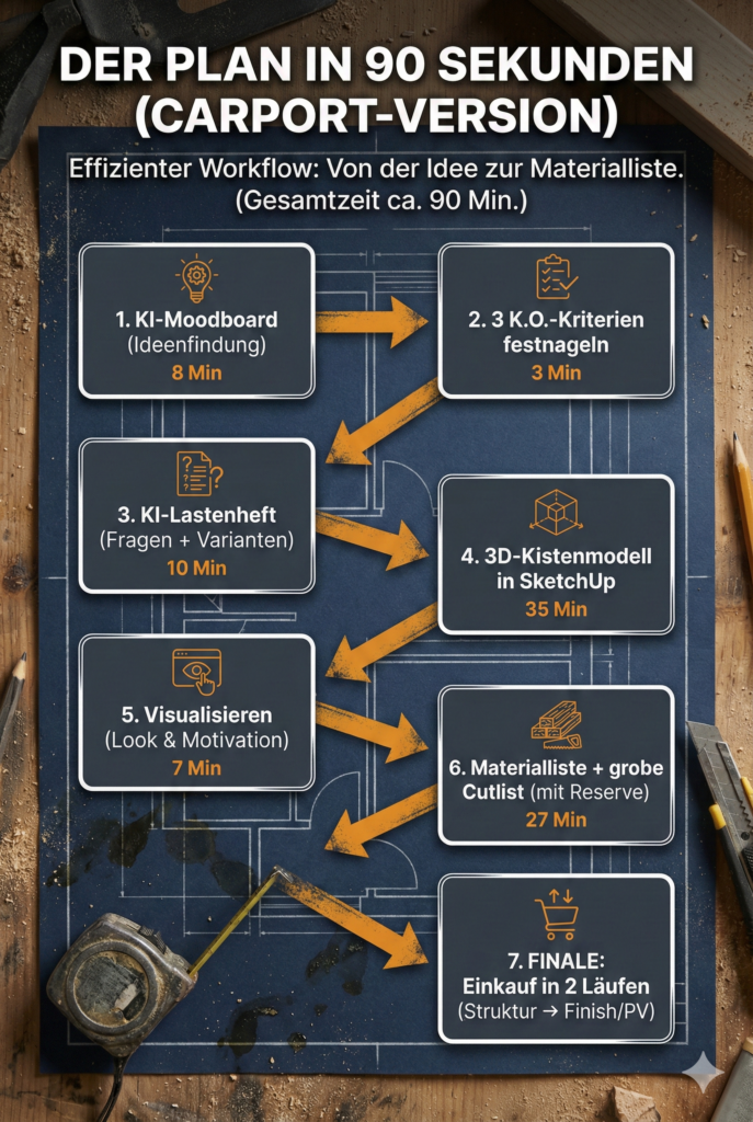 Infografik „Der Plan in 90 Sekunden (Carport-Version)“: Workflow zum Carport planen und Carport selber bauen – KI-Moodboard 8 Min, 3 K.O.-Kriterien 3 Min, KI-Lastenheft 10 Min, 3D-Kistenmodell in SketchUp 35 Min, Visualisieren 7 Min, Materialliste + Cutlist 27 Min, danach Einkauf in 2 Läufen (Struktur → Finish/PV).
