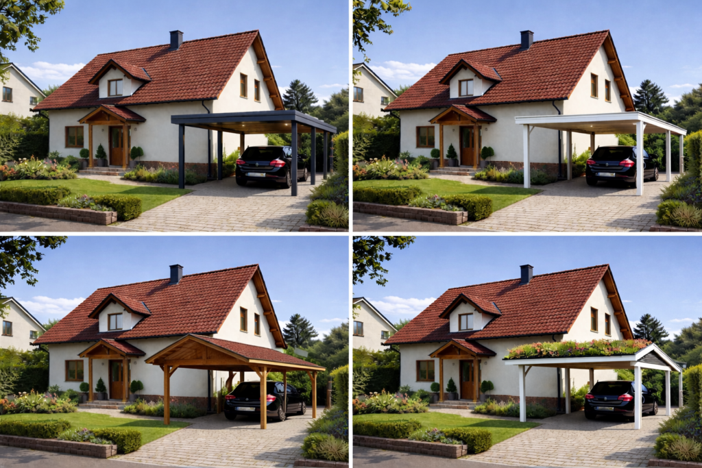  KI-Moodboard mit 4 Carport-Varianten für Carport planen: Pultdach-Holzcarport und Carport mit Solar als Vorbereitung zum Carport selber bauen Solar (vor SketchUp/3D-Modell und Bau im Garten).

