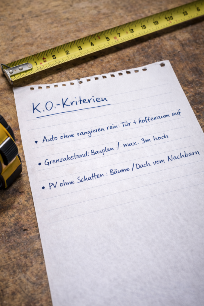 Handgeschriebener K.O.-Kriterien Notizzettel für Carport mit PV auf Holz-Werkbank neben Maßband, fotorealistisch

