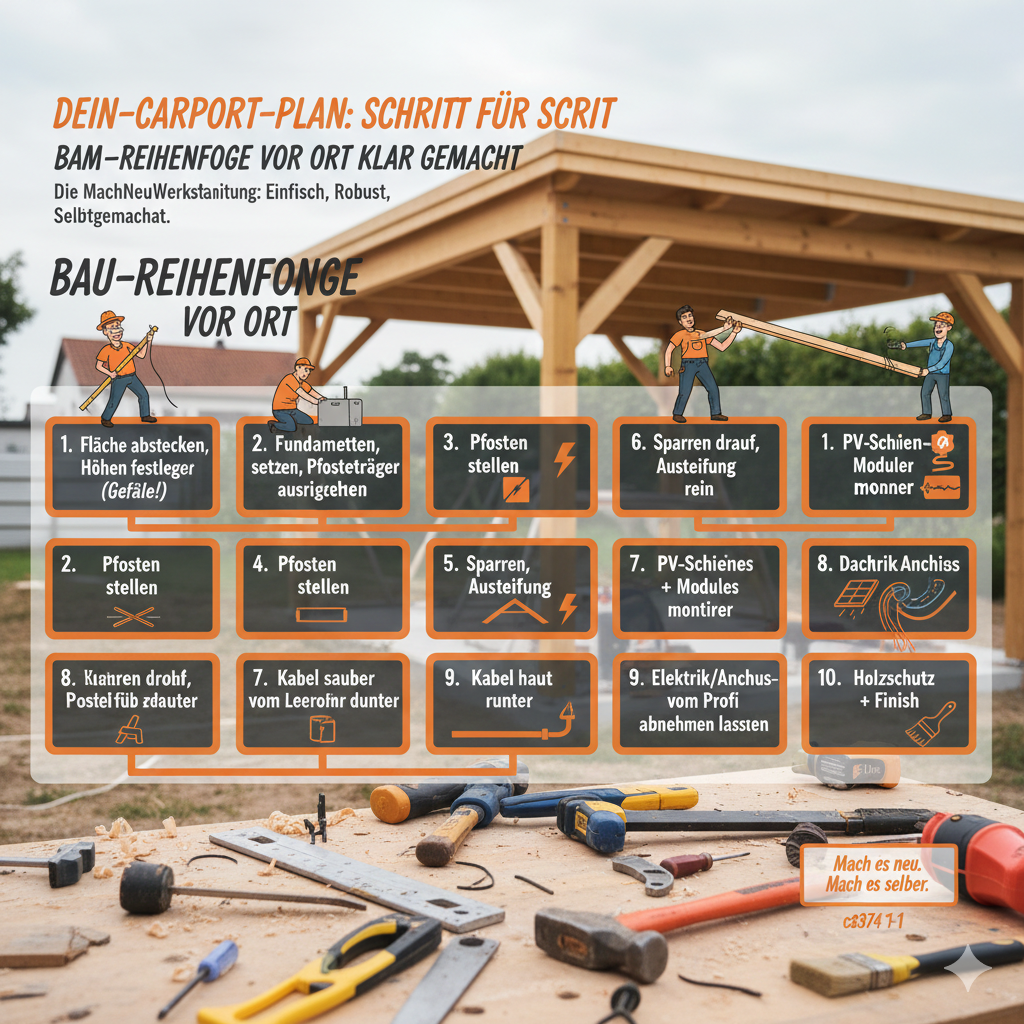 9:16 Infografik zur Bau-Reihenfolge: Carport mit Solar selber bauen – Schritt-für-Schritt vom Fläche abstecken über Fundamente, Holzrahmen, Dachhaut und PV-Module bis Holzschutz & Finish.