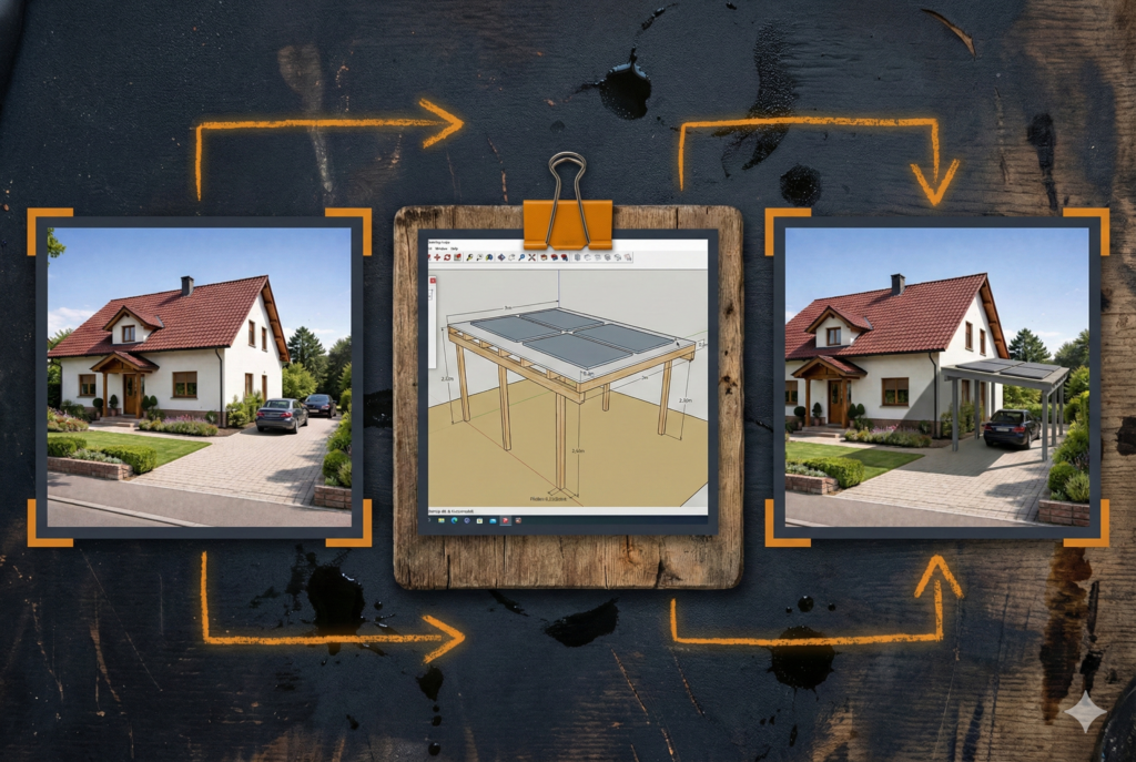 Du willst ein Carport selber bauen und Solar integrieren? Wir zeigen den Workflow: Vom Vorher-Foto über das 3D-Sketchup-Modell bis zur fertigen Visualisierung.