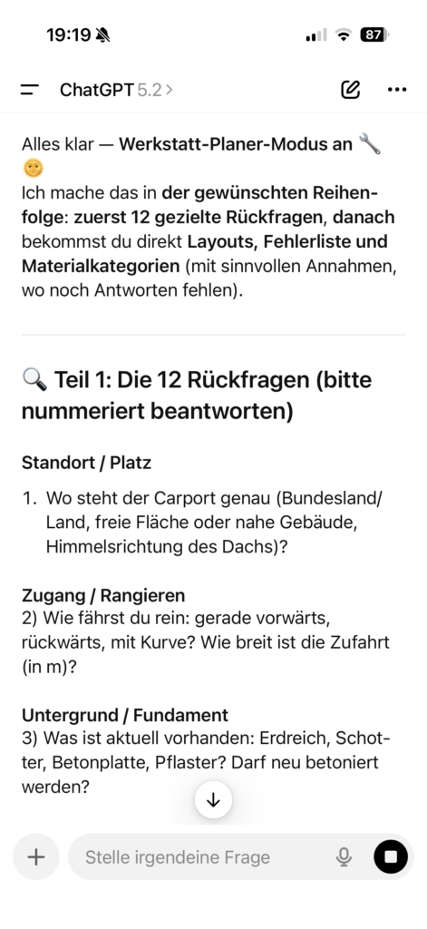Screenshot von ChatGPT als digitaler Bauleiter zur Erstellung eines Lastenhefts für Carport mit Photovoltaik