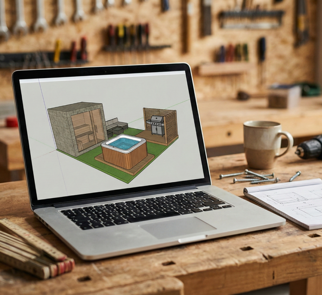 KI & 3D-Planung. Werkbank mit Laptop und 3D-Modell: KI 3D-Planung für Heimwerker und Handwerk (Sauna, Hot Tub, Grillecke)