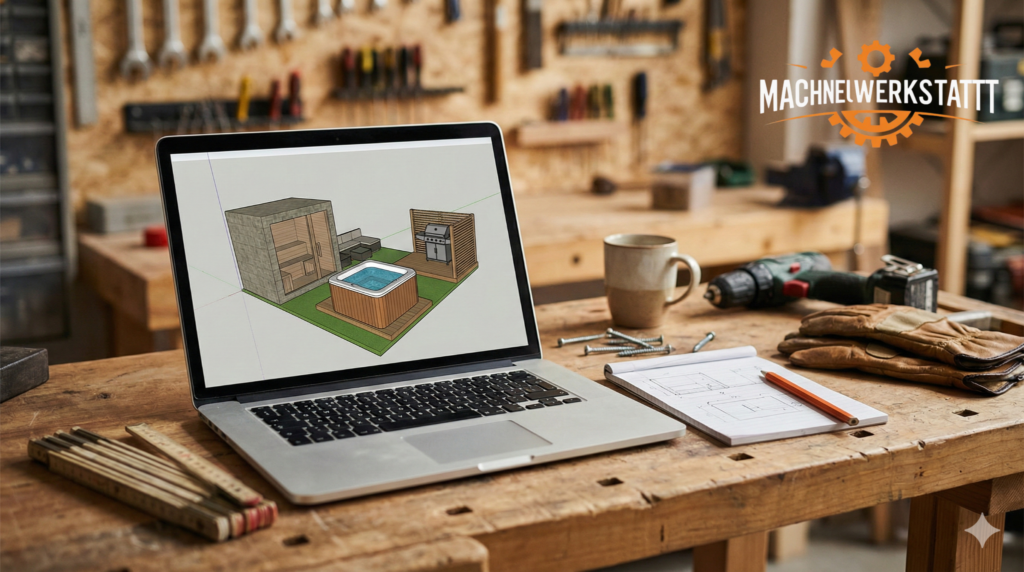 Werkbank mit Laptop und 3D-Modell: KI 3D-Planung für Heimwerker und Handwerk (Sauna, Hot Tub, Grillecke)