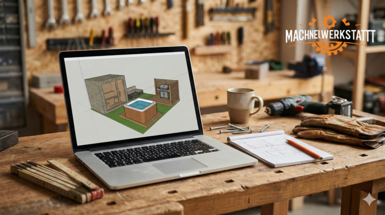 Werkbank mit Laptop und 3D-Modell: KI 3D-Planung für Heimwerker und Handwerk (Sauna, Hot Tub, Grillecke)