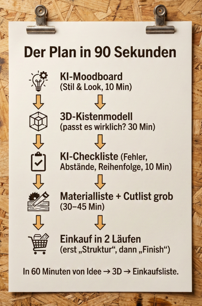 Infografik: KI- und 3D-Planung Workflow in 5 Schritten (Moodboard, Kistenmodell, Checkliste, Materialliste, Einkauf)