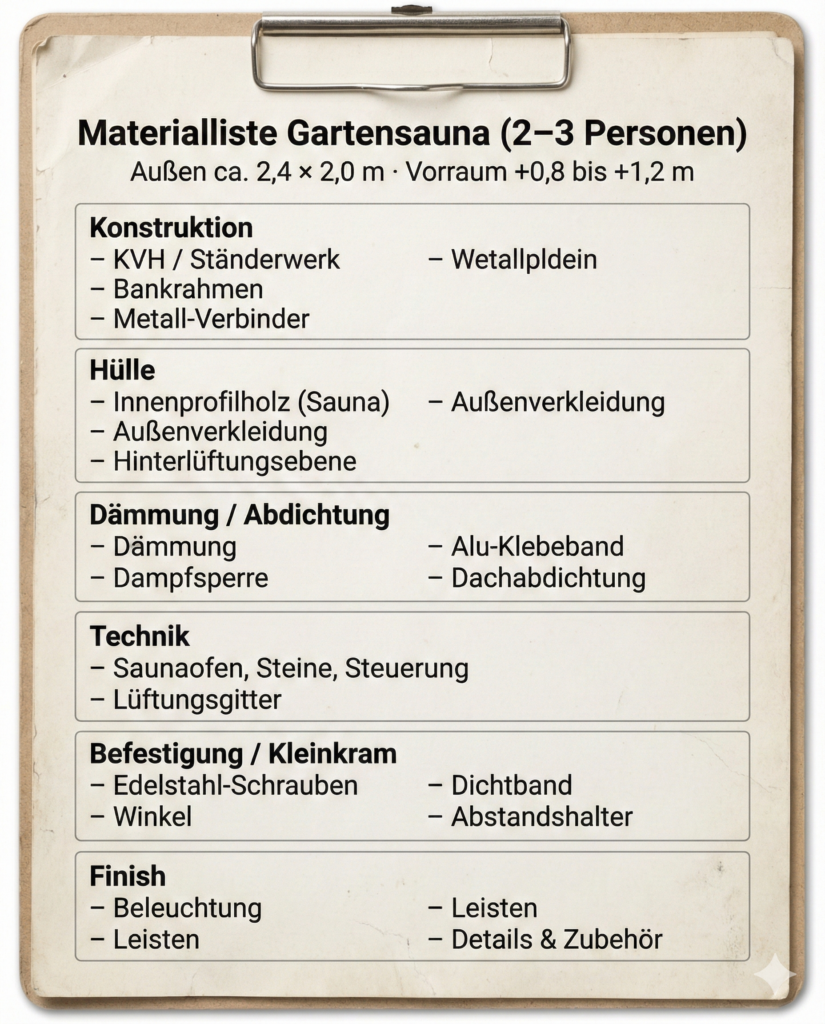 Materialliste für eine Gartensauna (2–3 Personen) mit Konstruktion, Hülle, Dämmung, Technik und Befestigung.