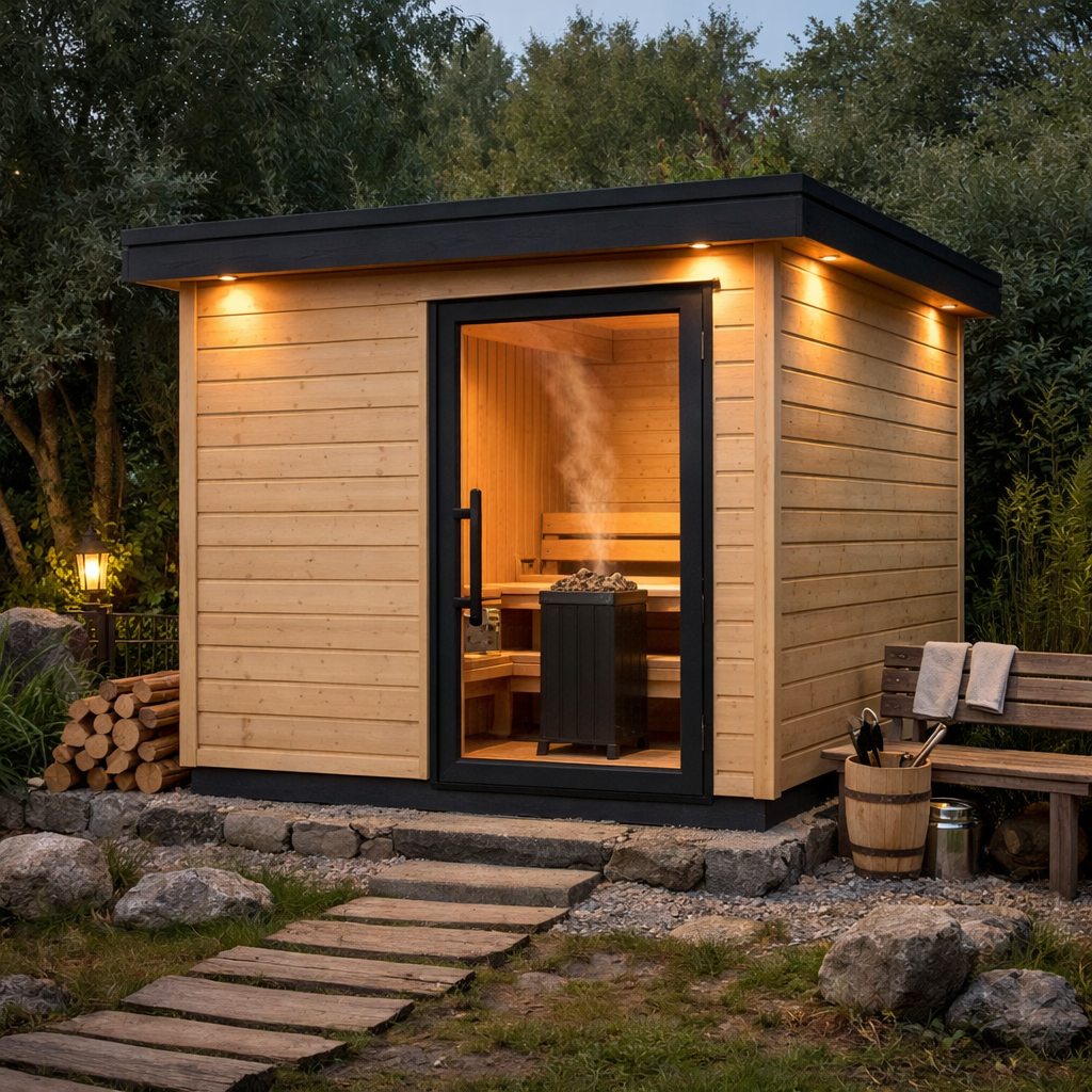Moderne kubische Gartensauna aus hellem Holz mit schwarzer Dachkante und dezenter LED-Außenbeleuchtung im naturnahen Garten