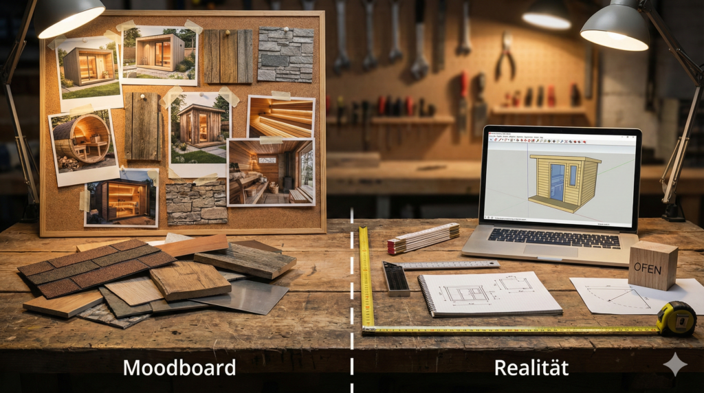 Werkbank: links Moodboard-Inspiration, rechts 3D-Kistenmodell einer Gartensauna – Träumen vs. Realität