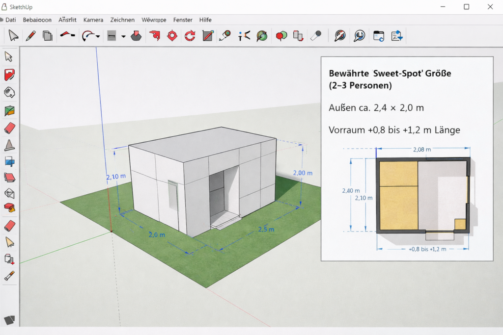 SketchUp Screenshot eines Kistenmodells für eine Gartensauna (2–3 Personen) mit Außenmaß ca. 2,4 × 2,0 m und optionalem Vorraum