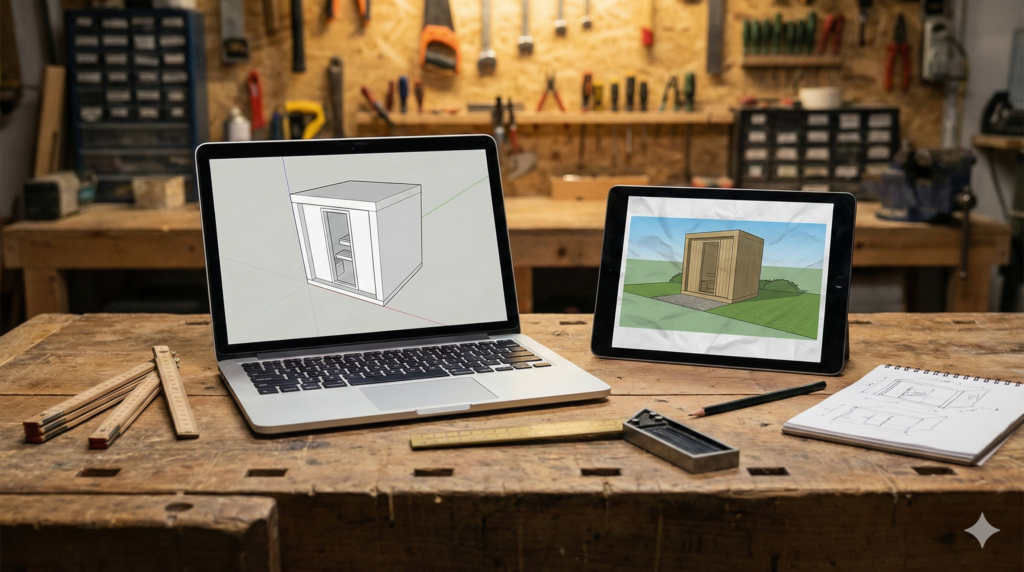 Laptop mit SketchUp-Kistenmodell einer Gartensauna und Quick-Render – Visualisieren für Proportion und Gefühl