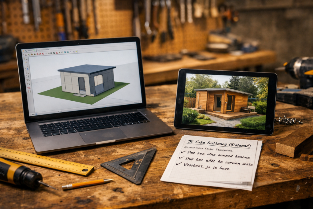 Laptop mit SketchUp-Kistenmodell einer Gartensauna und Quick-Render – Visualisieren für Proportion und Gefühl