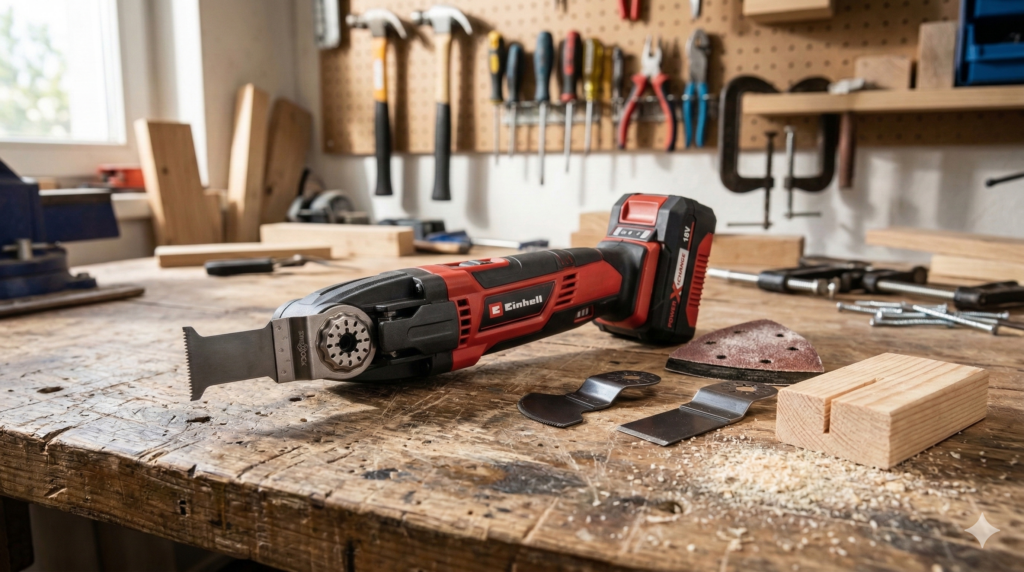 Einhell Varrito 18V Akku-Multitool mit Zubehör auf Werkbank im Praxisvergleich