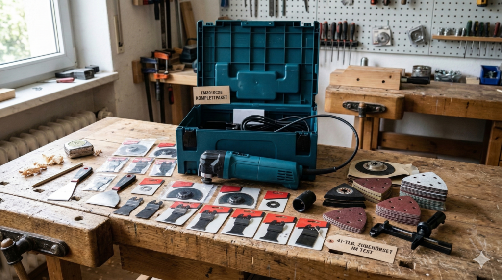 Makita TM3010CX5 Multitool mit OIS Aufnahme auf Werkbank im Praxisvergleich.