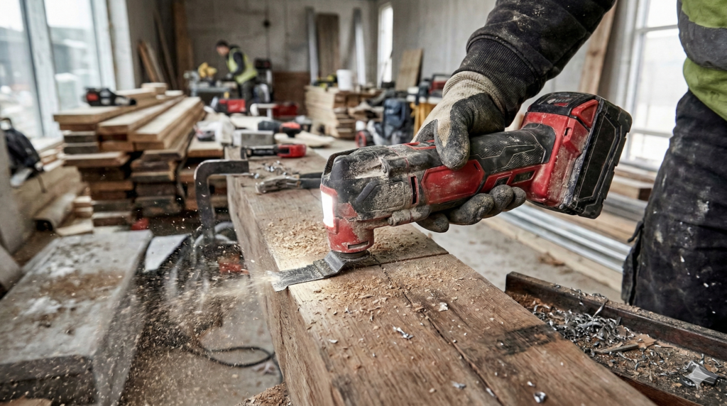 Milwaukee M18 FMT FUEL Akku Multitool mit FIXTEC Aufnahme auf Werkbank