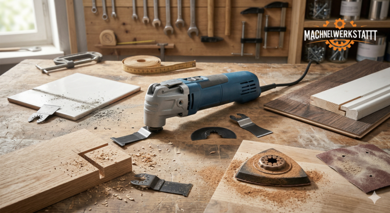 Multitool Anwendungen 2026: Oszillierer mit Zubehör auf Werkbank für Schneiden, Schleifen und Renovieren